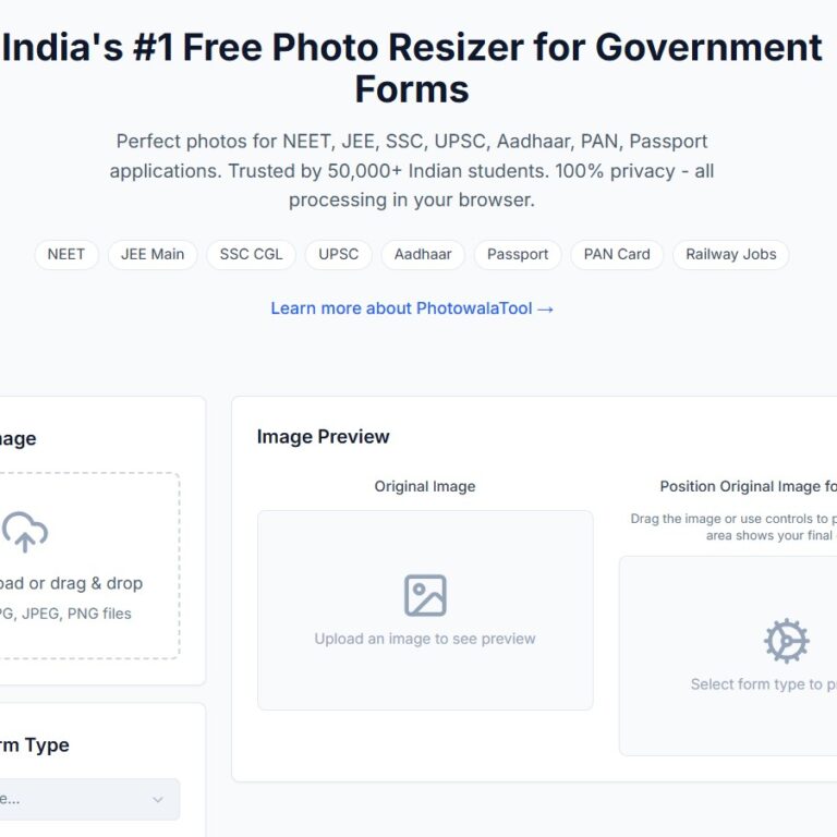 Free online photo resizer for Indian government forms – NEET, JEE, UPSC, Aadhaar, PAN, passport photo maker