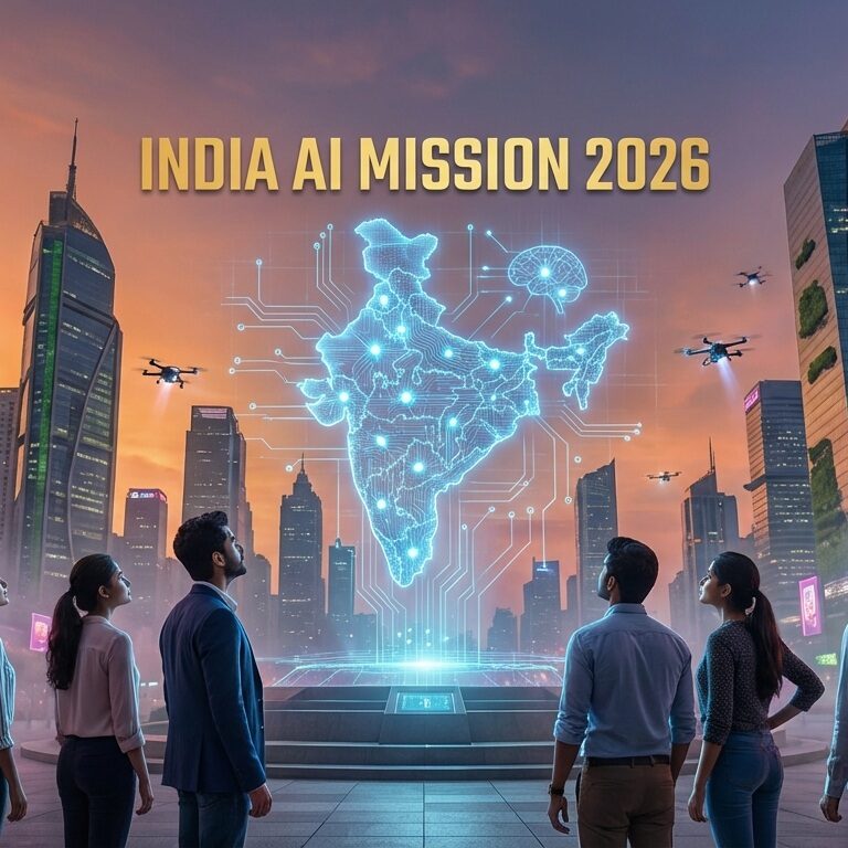 Futuristic digital map of India with neural network connections representing the IndiaAI Mission 2026 tech boom in Bengaluru.