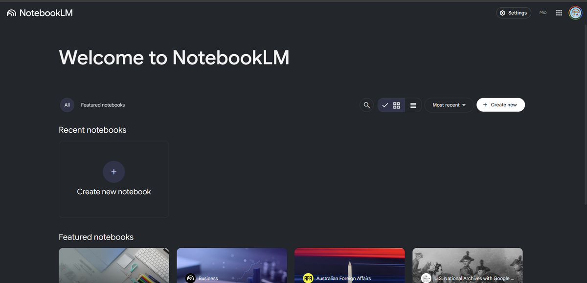 NotebookLM home screen with Create new notebook button