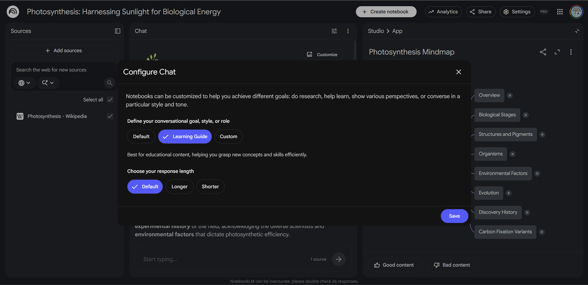 Configure Chat panel in NotebookLM with Learning Guide selected
